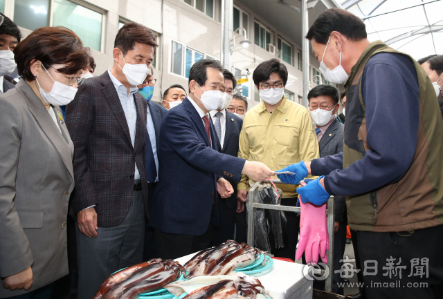 7일 포항을 찾은 정세균 국무총리가 죽도시장을 방문해 물건을 구입하며 상인들이 체감하는 지역 경제상황에 대해 이야기를 나누고 있다. 포항시 제공