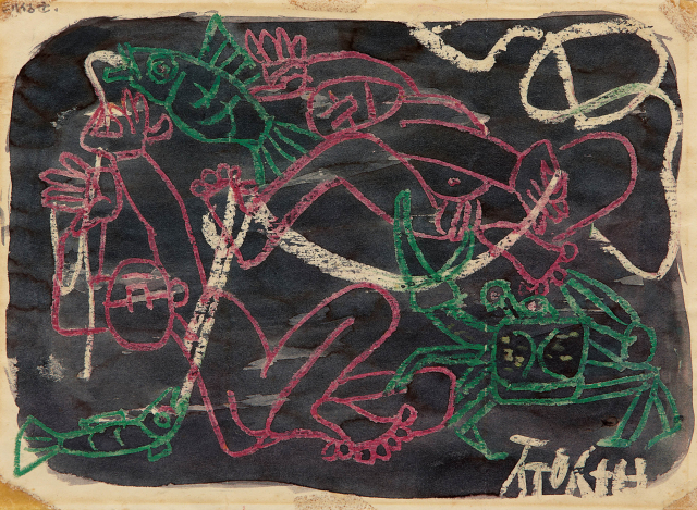 이중섭, 물고기와 게와 아이들, 종이에 수채와 크레용, 19.3&times;26.4cm , 1954. 케이옥션 제공